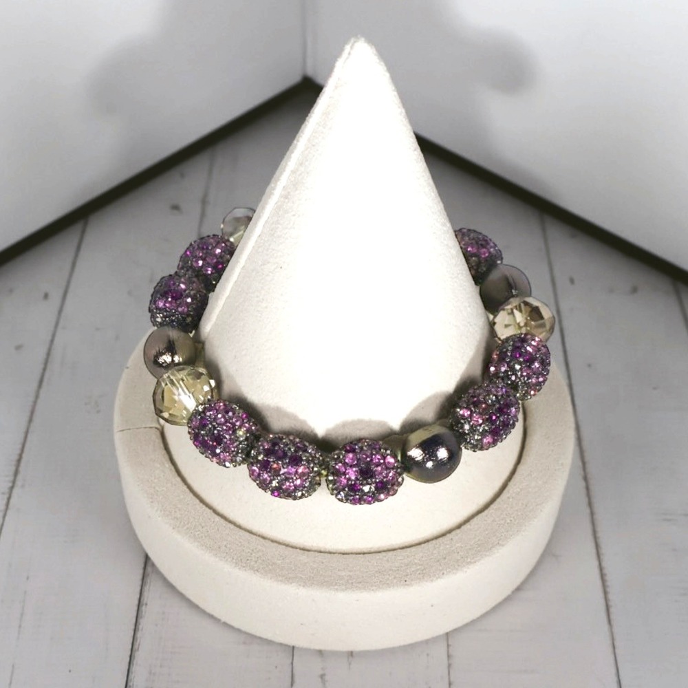 Chicos NWT Estella Purple Crystal Pave Disco Bead Gunmetal Stretch Bracelet